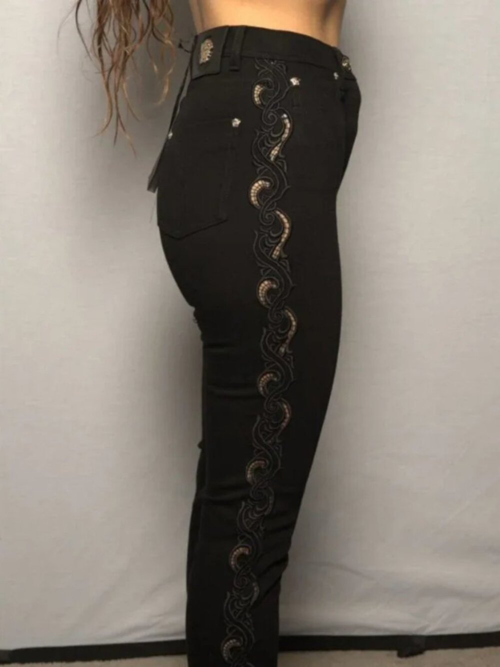 Versace Women's Black Embroidered High Rise Skinny Jeans MEDUSA HEAD GOLD Sz 25